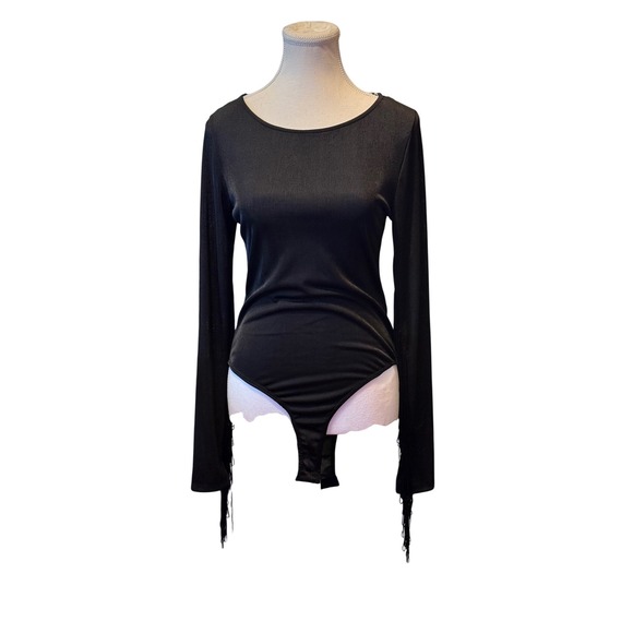 Women's L Reach Love Wake Me Up Bodysuit Black Long Sleeve Fringe Detail Knit - Picture 1 of 5